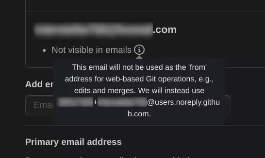 GitHub 的邮箱设定，开启了非公开状态，图里显示了一个数字加用户名的替代邮箱